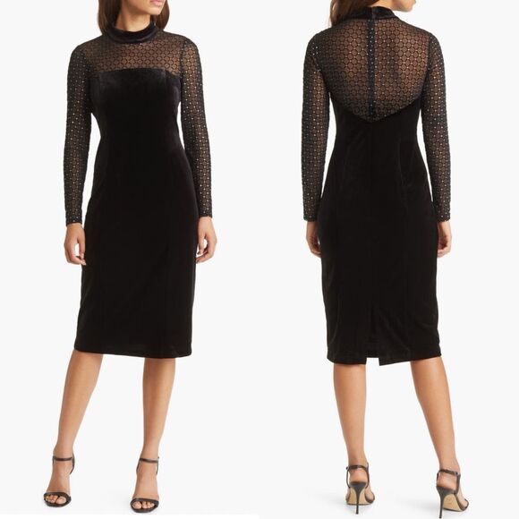 Eliza J Beaded Yoke Mixed Media Long Sleeve Sheath Dress, Black, Size 14, NWT - Picture 4 of 16